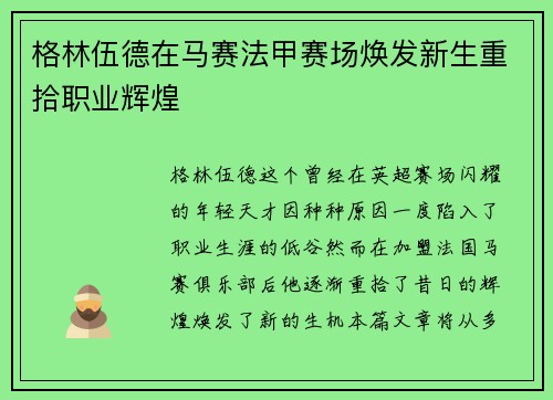 格林伍德在马赛法甲赛场焕发新生重拾职业辉煌